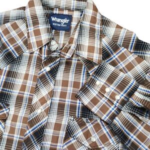 Wrangler Men's M Western Pearl Snap‎ Long Sleeve Plaid Shirt Brown Blue White